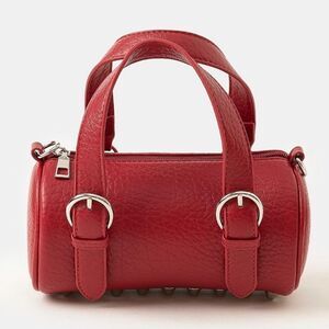 Double Wraparound Big Buckle Strap Red Faux Rounded Leather Handbag